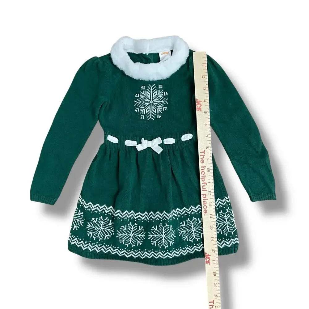 Gymboree 3T Green Snowflake Sweater Dress Faux‎ Fur Collar Holiday Knit Winter